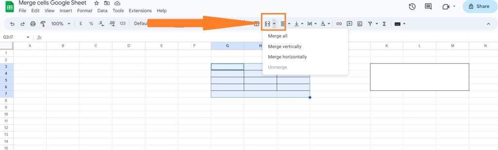 toolbar shortcut To Merge Cells In Google Sheets